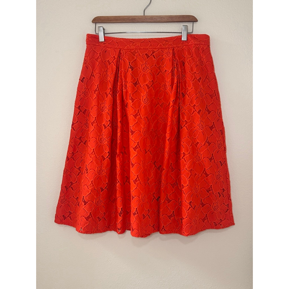 Cremieux Women's Size 14 A-Line Pleated Formal Floral Lace Orange Zip-Back Skirt